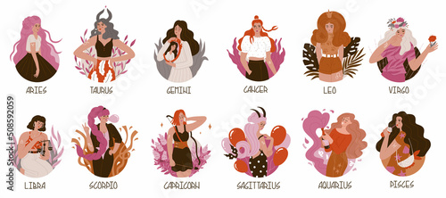 Collection of compositions with girls in the form of zodiac signs. Drawing up a horoscope in astrology. Fashion women. Lovely, modern girls in daring images. Flat style in vector illustration.
