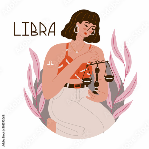 Girl in the image of the zodiac sign Libra. Beauty astrology. Individual horoscope with beautiful women. Analysis of the characteristics of the date of birth. Flat style in vector illustration.