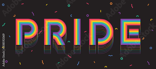 Rainbow Pride text with line stripe motion shadow and ribbon fireworks texture around on black background vector design