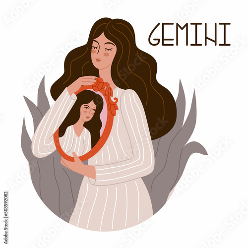 Girl in the image of the zodiac sign Gemini. Beauty astrology. Individual horoscope with beautiful women. Analysis of the characteristics of the date of birth. Flat style in vector illustration.