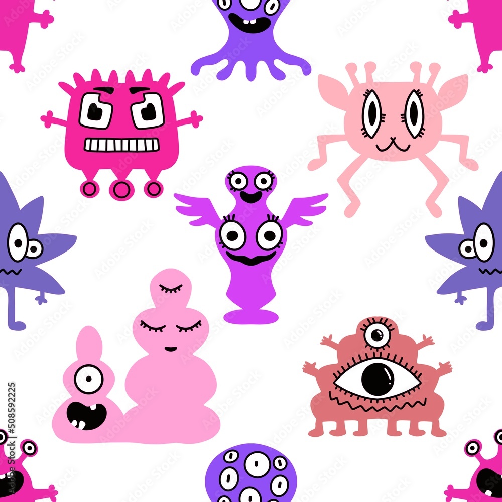 Cartoon seamless aliens and monsters pattern for kids and gifts and cards and linens and wrapping paper and fabrics Cartoon seamless aliens and monsters pattern for kids and gifts and cards and linens and wrapping paper and fabrics