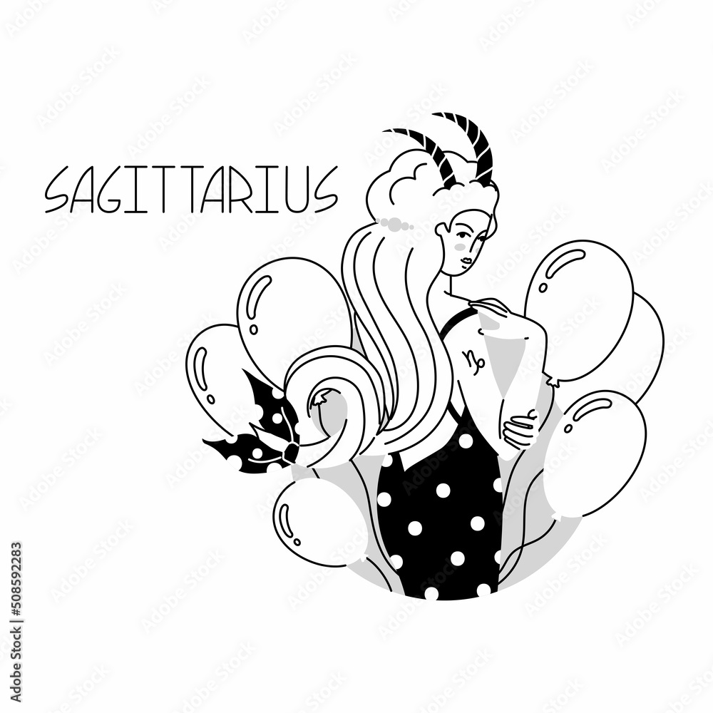 Girl in the image of the zodiac sign Sagittarius. Beauty astrology. Individual horoscope with beautiful women. Analysis of the characteristics of the date of birth. Flat style in vector illustration. Girl in the image of the zodiac sign Sagittarius. Beauty astrology. Individual horoscope with beautiful women. Analysis of the characteristics of the date of birth. Flat style in vector illustration.