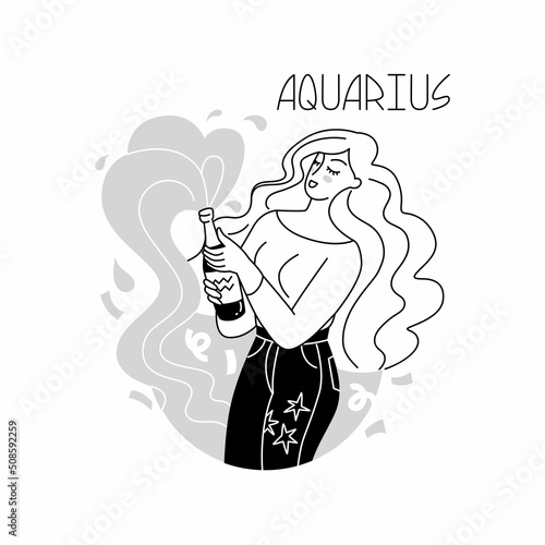 Girl in the image of the zodiac sign Aquarius. Beauty astrology. Individual horoscope with beautiful women. Analysis of the characteristics of the date of birth. Flat style in vector illustration.