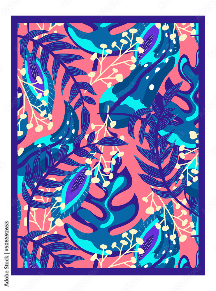 Canvas tropical neon jungle. Summer botanical wallpaper. Botanical jungle. Abstract art background vector. Tropical foliage art background vector. Poster floral neon