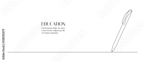 One continuous line drawing of pen writing thin stroke. Pencil symbol of study and education concept in simple linear style. Contour icon and web banner. Doodle vector illustration