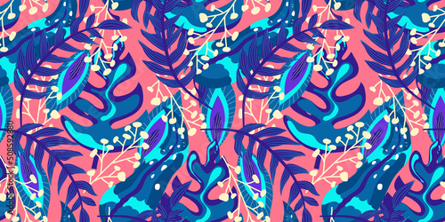 Neon tropic floral seamless pattern on blue background. Floral neon for bright summer design. Tropic jungle in abstract style on blue background.