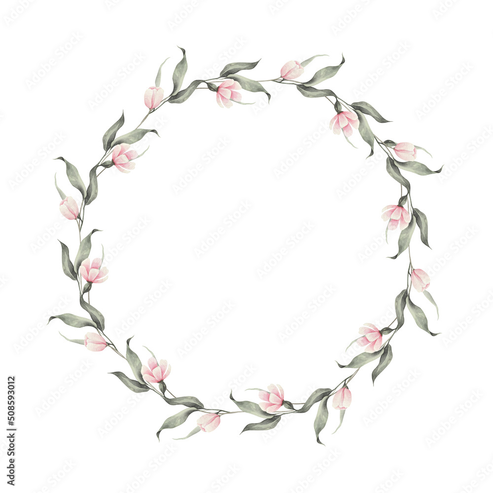 Watercolor wreath of flowers and leaves isolated on a transparent background.