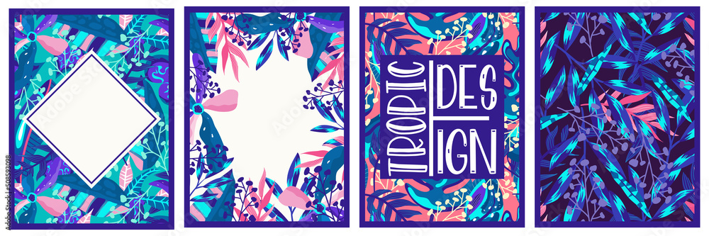 Fototapeta premium Canvas tropical set neon jungle. Summer botanical wallpaper. Botanical jungle. Abstract art background vector. Tropical foliage art background vector. Poster floral neon set