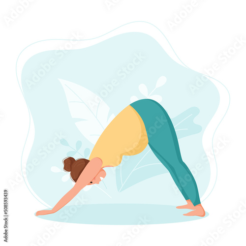 Pregnant woman goes in for sports. Prenatal yoga and a healthy lifestyle. Asana Adho Mukha Svanasana vector banner