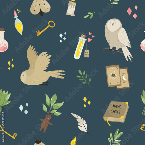 Seamless pattern with magic items, symbols and tools.