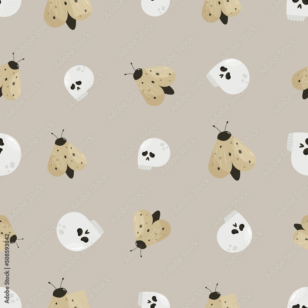 Seamless pattern with moth and skull, Halloween design
