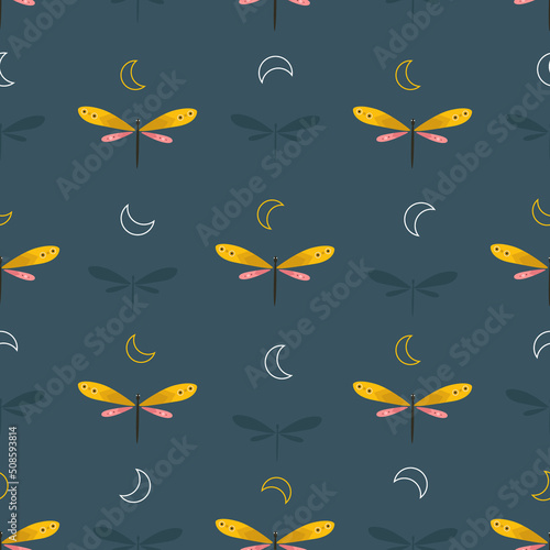 Seamless pattern with orange butterfly and moon on dark blue background