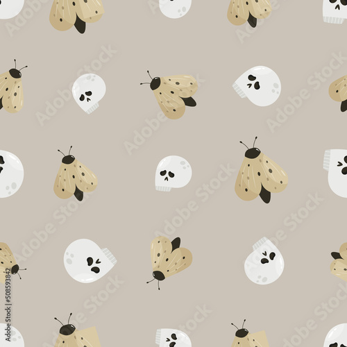 Seamless pattern with moth and skull, Halloween design