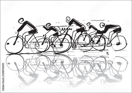 
Cycling race in the rain, line art stylized cartoon.
Stylized simple drawing of group road cyclists. Vector available.

