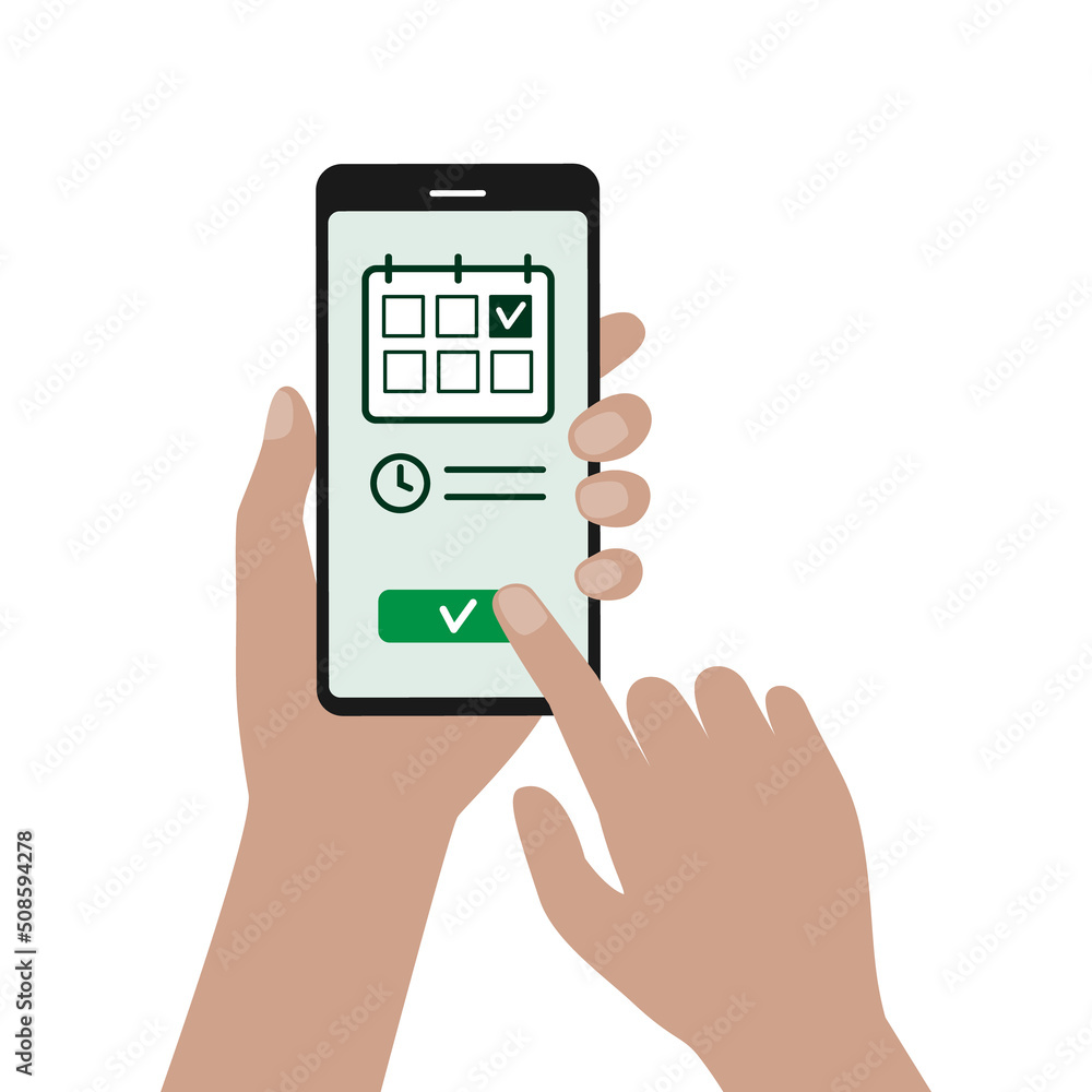 Online booking with mobile phone. Setting a date on digital calendar. Online booking with mobile phone. Setting a date on digital calendar.