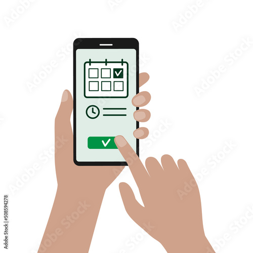 Online booking with mobile phone. Setting a date on digital calendar.