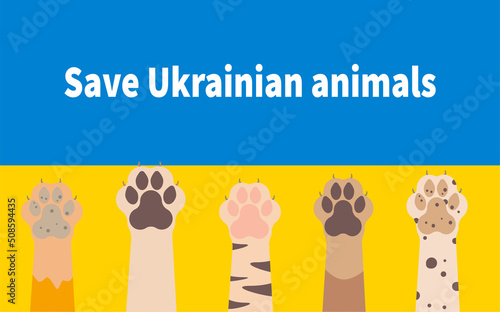Save Ukrainian animals. Paws of animals on the background of the Ukrainian flag