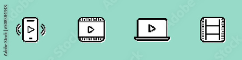 Watch video icon set. Watching on phone or computer. Online stream, seminar and webinar. Live translation. Pixel style. Vector line icon for Business and Advertising