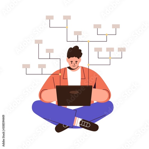 Data analysis, organizing structure of database concept. Man analyst building block scheme, developing arranged logic system, flowchart at laptop. Flat vector illustration isolated on white background