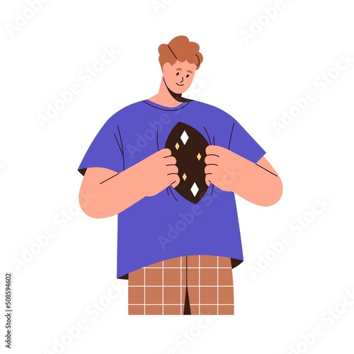 Self discovery, psychology, mental health concept. Studying inner world of yourself, looking inside. Introverted person examining himself. Flat vector illustration isolated on white background