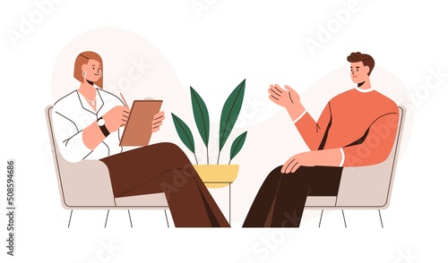 Psychologist listening to patient at mental therapy session. Person talking to psychotherapist. Private psychology, psychotherapy help concept. Flat vector illustration isolated on white background