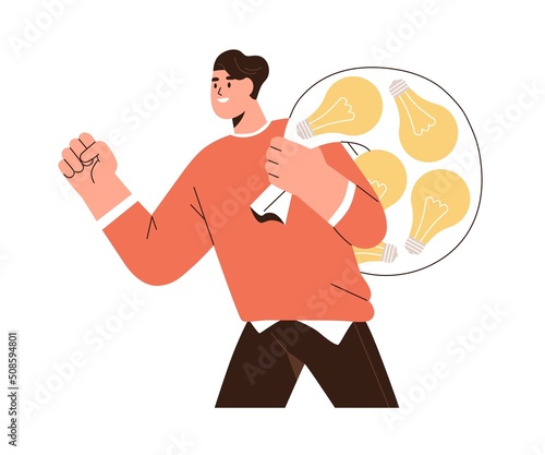 Creative talented man with many lightbulbs, ideas. Opportunities, inventions, creativity concept. Person creator, inventor feeling inspiration. Flat vector illustration isolated on white background