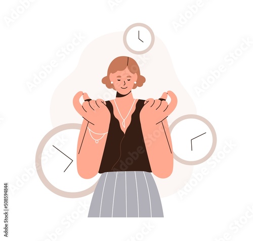 Good effective time-management concept. Person and clocks, watches, managing and controlling deadlines. Well-organized balanced life plan. Flat vector illustration isolated on white background