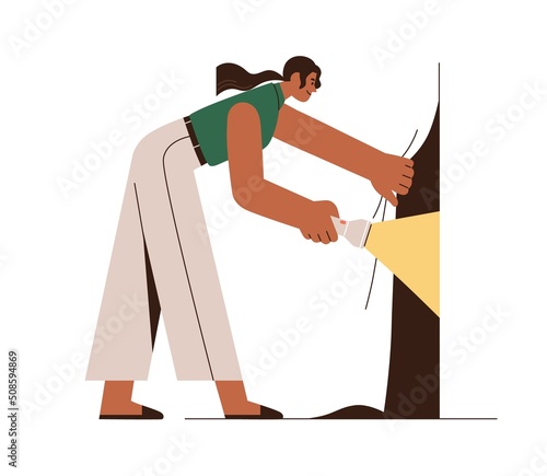 Creative person searching, exploring new and unknown. Curious woman looking for hidden opportunities, secrets. Curiosity, creativity concept. Flat vector illustration isolated on white background