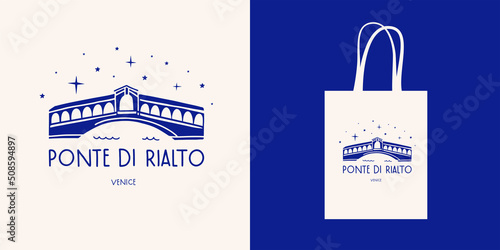 Historic bridge over Grand Canal in Venice. Rialto Bridge is ancient symbol of city. Print for a shopper bags and other souvenirs. Popular tourist sight in Italy. Vector illustration.