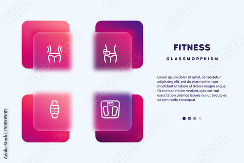 Fitness icon set. Lose weight, yoga, workout exercise icon. Health care concept. Glassmorphism style. Vector line icon for Business and Advertising