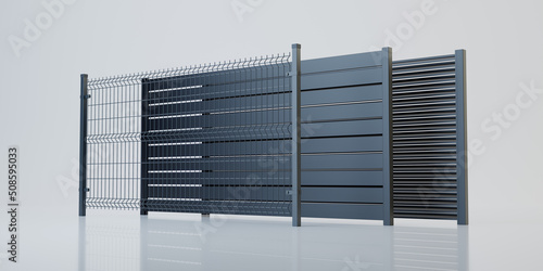 Fence panel collection, on white background, 3D illustration