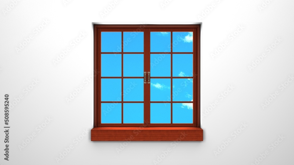 Wooden window with blue sky.
3d rendering illustration.
Wooden window with blue sky.
3d rendering illustration.