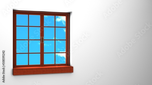 Wooden window with blue sky. 3d rendering illustration. 