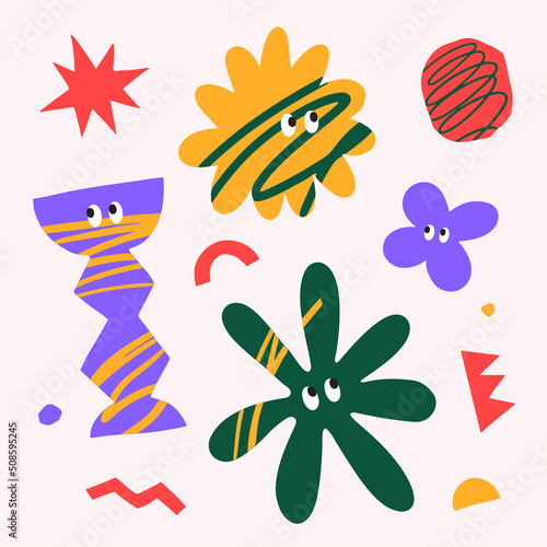 Collection of abstract graphic and plant shapes. Multicolored shapes and objects on a light background. Elements of minimalism in the style of modern art. Vector illustration for your design.