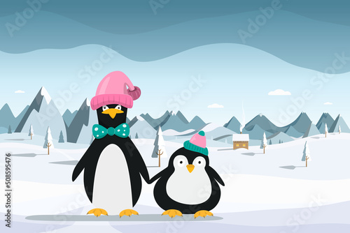 Cute penguins holding wings with winter landscape on background - vector