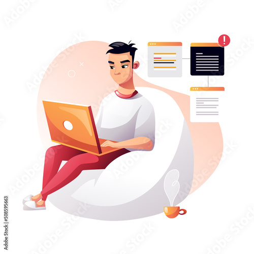 The programmer focused on the work project while sitting on an easy chair. Development of programming and coding technologies. A screen with codes, a developer working with a task. Geek coding