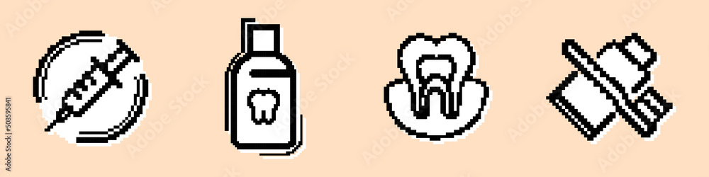 Stomatology icon set. Healthy tooth, toothpaste and toothbrush icon. Healthcare concept. Pixel style. Vector line icon for Business and Advertising