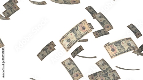 10 Dollar bills falling down. Banknotes isolated on white background. Jackpot or lottery prize. Business.