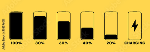 Charging battery icon set. Phone, notebook or car battery icon. Vector line icon for Business and Advertising