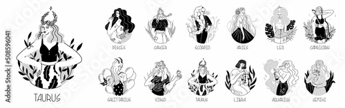 Collection of compositions with girls in the form of zodiac signs. Drawing up a horoscope in astrology. Fashion women. Lovely, modern girls in daring images. Flat style in vector illustration. photo
