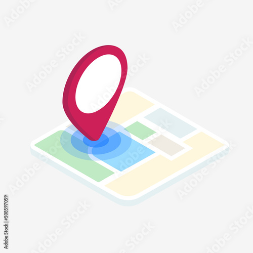 Isometric map with red pin pint - gps location icon. Flat design concept. Flat vector illustration isolated on white background