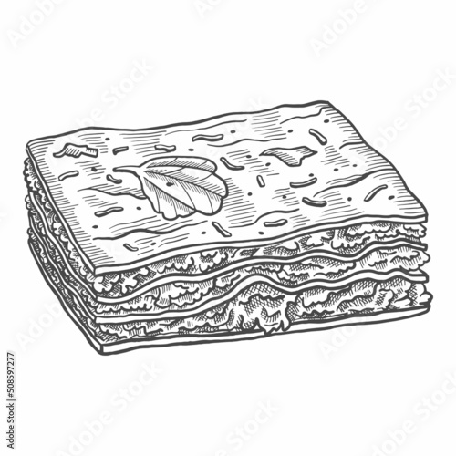 lasagna italy or italian cuisine traditional food isolated doodle hand drawn sketch with outline style