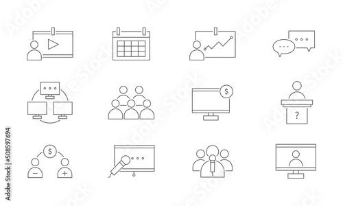 Set of vector line icons, computer and technology, business conference.
