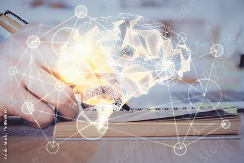 Haman brain multi exposure icon with man hands background.