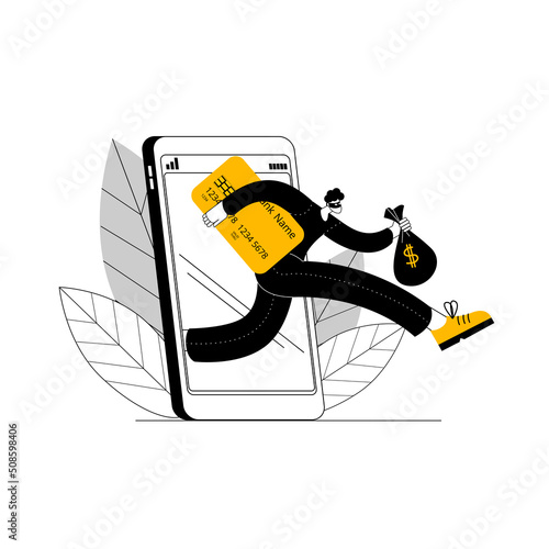 A hacker takes out credit card details and a bag of money from a hacked smartphone. Vector illustration on the topic of cybercrime and cybersecurity.