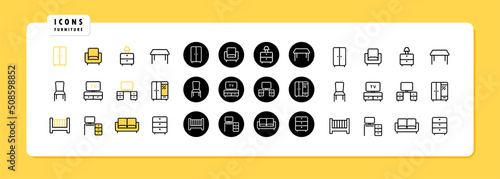 Furniture icon set. Sofa, table, chair and couch icons. Room interior. Vector line icon for Business and Advertising