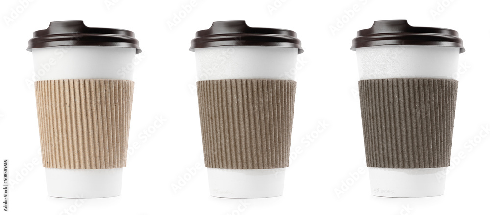 Set with paper coffee cups with lids on white background. Banner design Set with paper coffee cups with lids on white background. Banner design