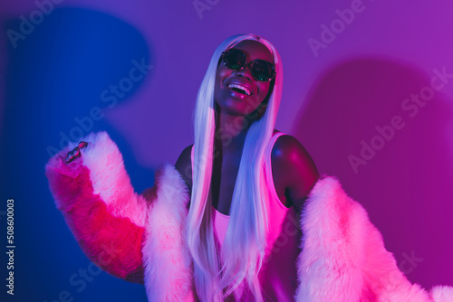 Fotografie Photo of wealthy female at nightclub have fun feel free love dancing at private