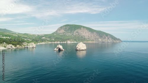 GURZUF, CRIMEA - Aerial Panoramic view on Gurzuf bay with Bear mountain Ayu-Dag and rocks Adalary, Artek - oldest children vacation camp. Yalta region, the South coast of Crimea peninsula photo