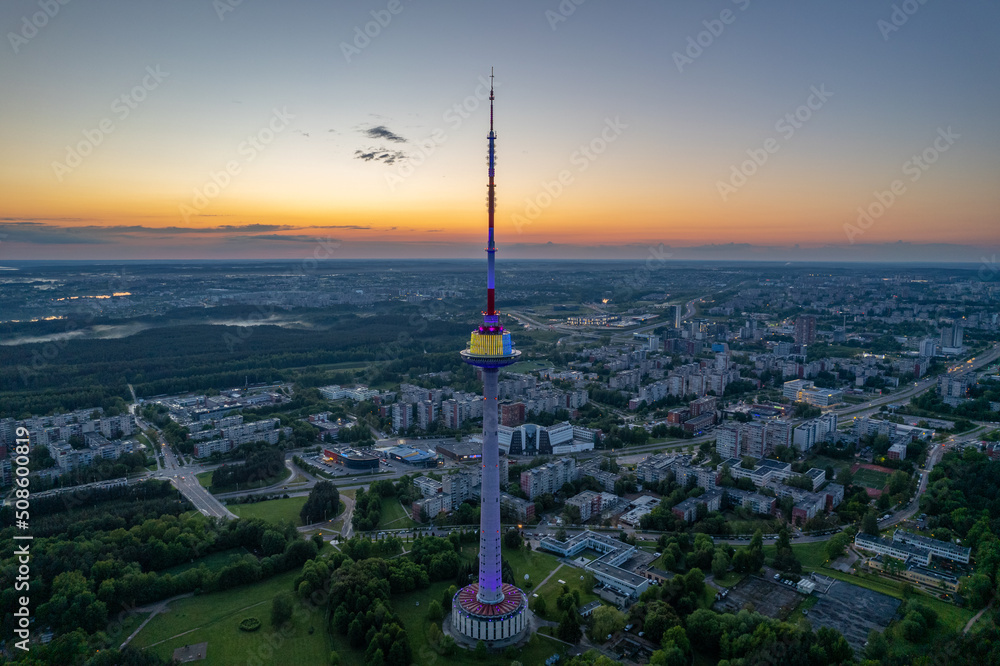 Aerial summer spring sunset view of Vilnius TV Tower, Lithuania